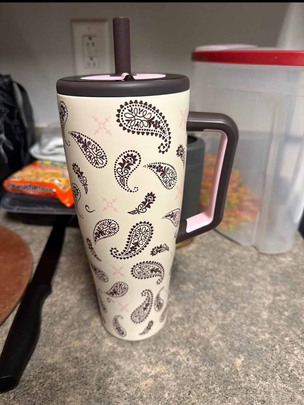Brumate Era 40oz Cream and Brown Paisley Travel Mug with Pink Accents